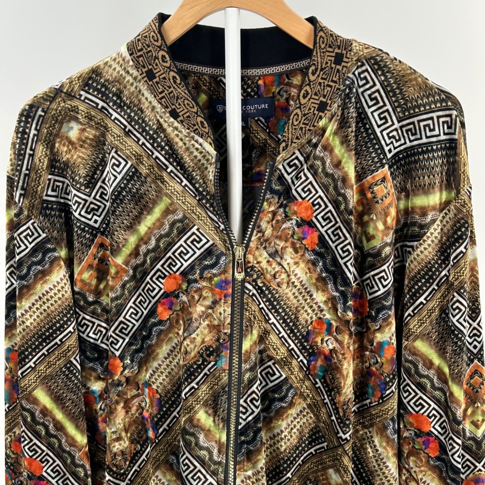 Suslo Couture New York Mens XL Velvet Bomber Jacket Baroque Geometric Print Zip